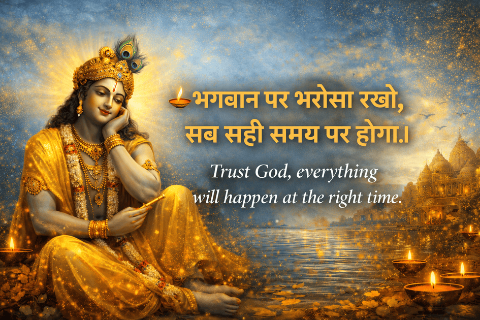 Krishna Katha banner with quote भगवान पर भरोसा रखो, सब सही समय पर होगा Trust God everything will happen at the right time
