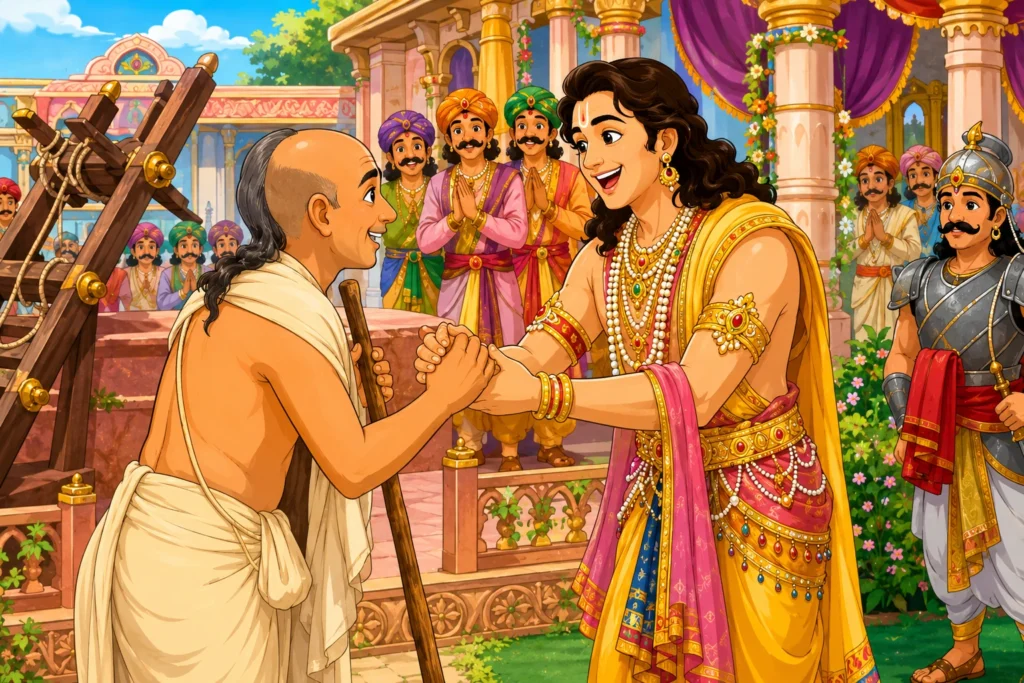 भगवान कृष्ण अपने मित्र सुदामा से द्वारका में मिलते हुए