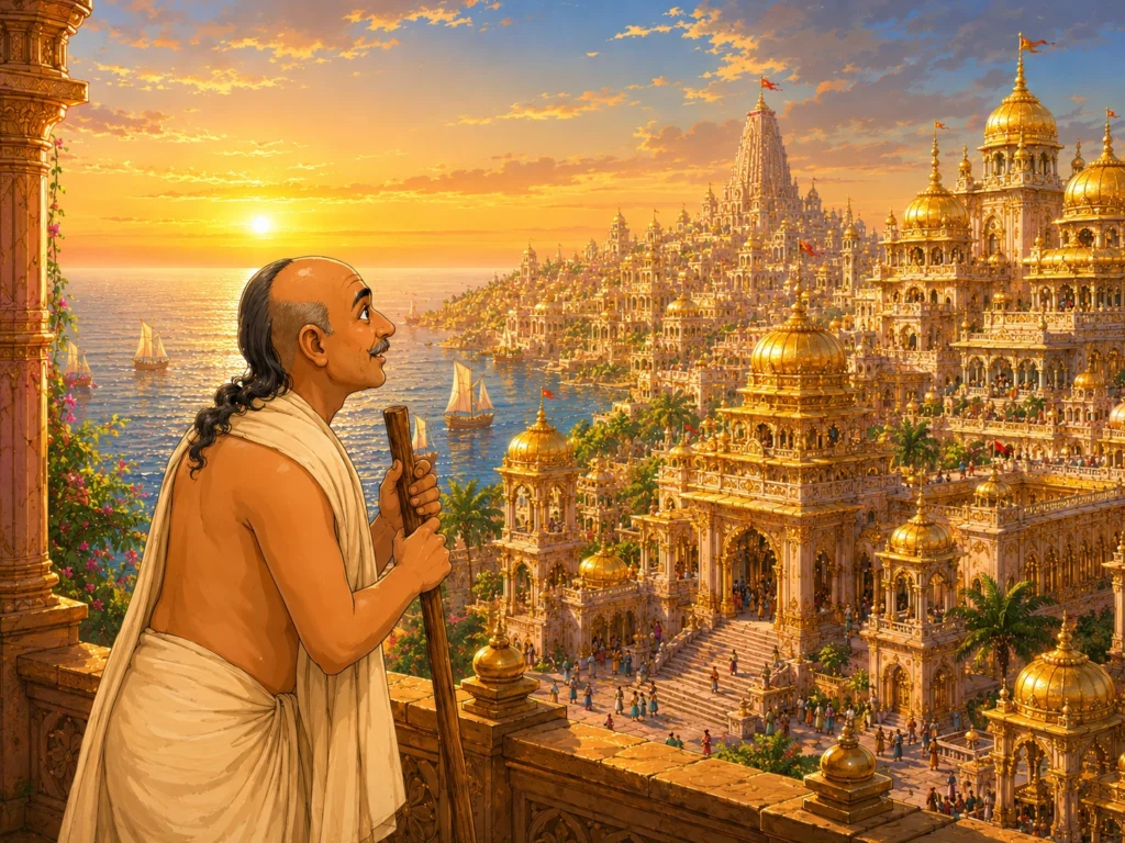 Sudama arriving in Dwarka city