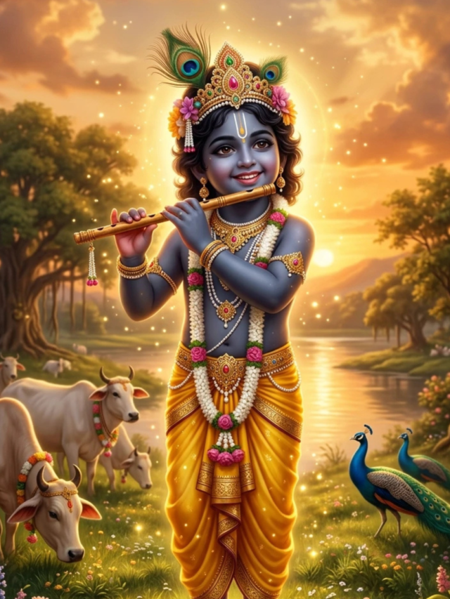 श्री कृष्ण वृंदावन में दिव्य रूप में बांसुरी के साथ खड़े हैं, सुनहरी रोशनी और शांत वातावरण में