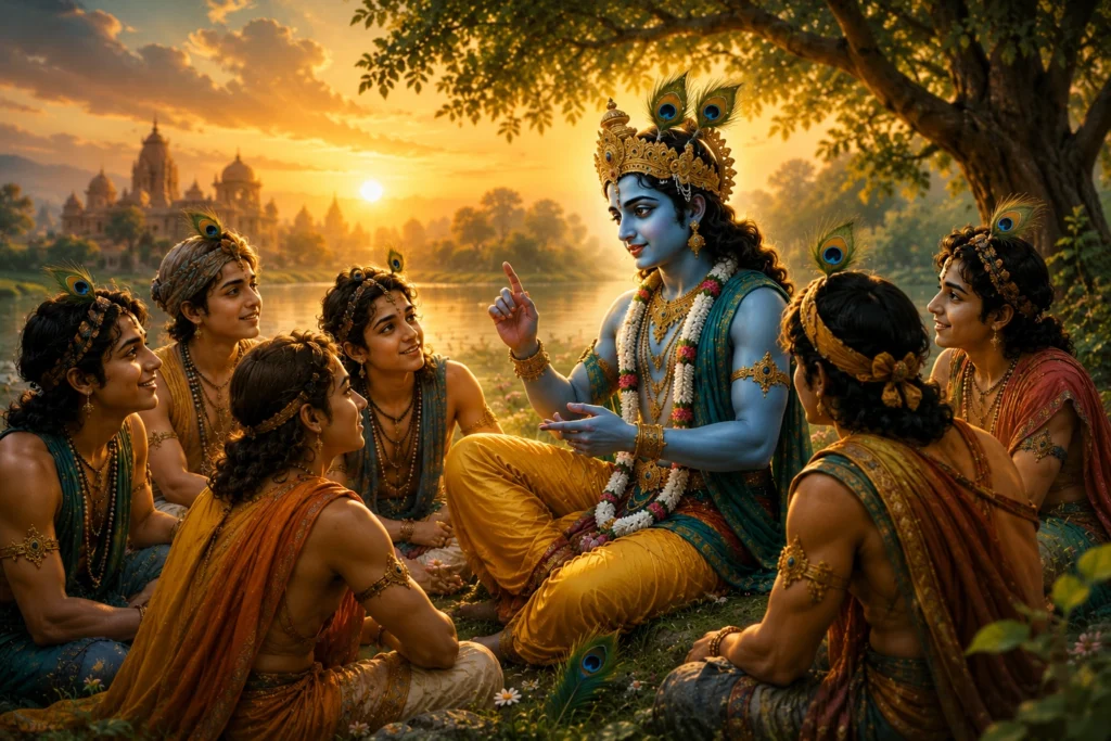 "श्रीकृष्ण अपने मित्रों के साथ, जीवन की शिक्षाओं और ज्ञान का संदेश देते हुए"