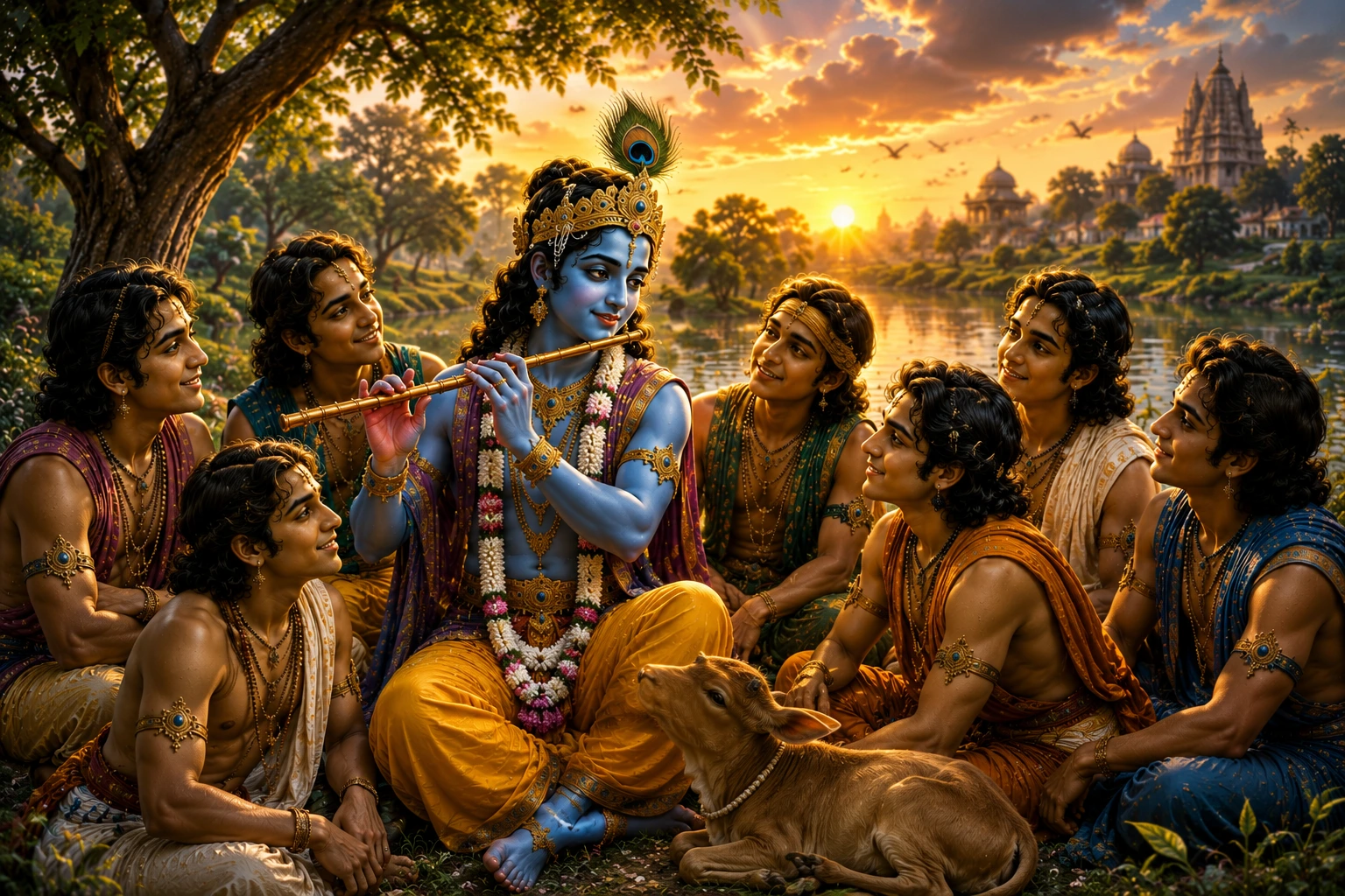 "Lord Krishna with friends in Vrindavan, symbolizing love, wisdom, compassion, and timeless life teachings."