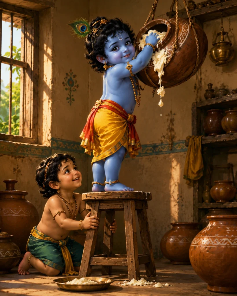 Little Krishna stealing butter from a clay pot while standing on a stool