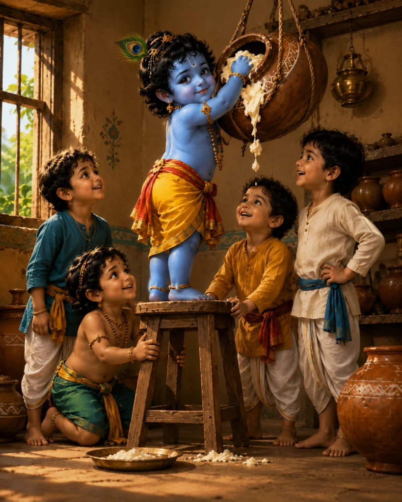 Little Krishna standing on a stool and stealing butter from a clay pot while his friends wait below in Gokul